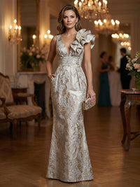 Jacquard Sheath/Column One Shoulder Floor-Length Evening Dresses with Ruffles & Ruched Waist