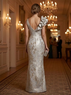 Jacquard Sheath/Column One Shoulder Floor-Length Evening Dresses with Ruffles & Ruched Waist
