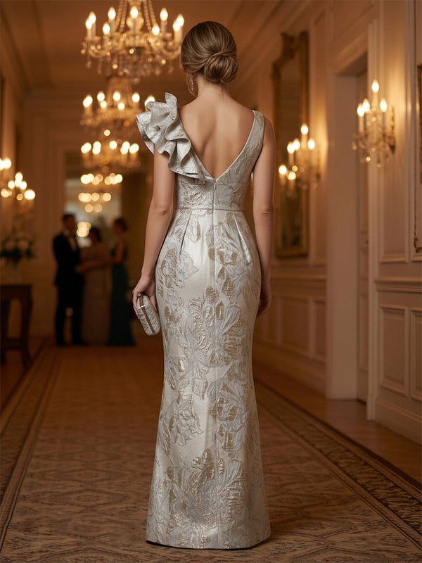 Jacquard Sheath/Column One Shoulder Floor-Length Evening Dresses with Ruffles & Ruched Waist