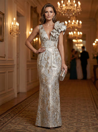 Jacquard Sheath/Column One Shoulder Floor-Length Evening Dresses with Ruffles & Ruched Waist