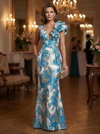 Jacquard Sheath/Column One Shoulder Floor-Length Evening Dresses with Ruffles & Ruched Waist