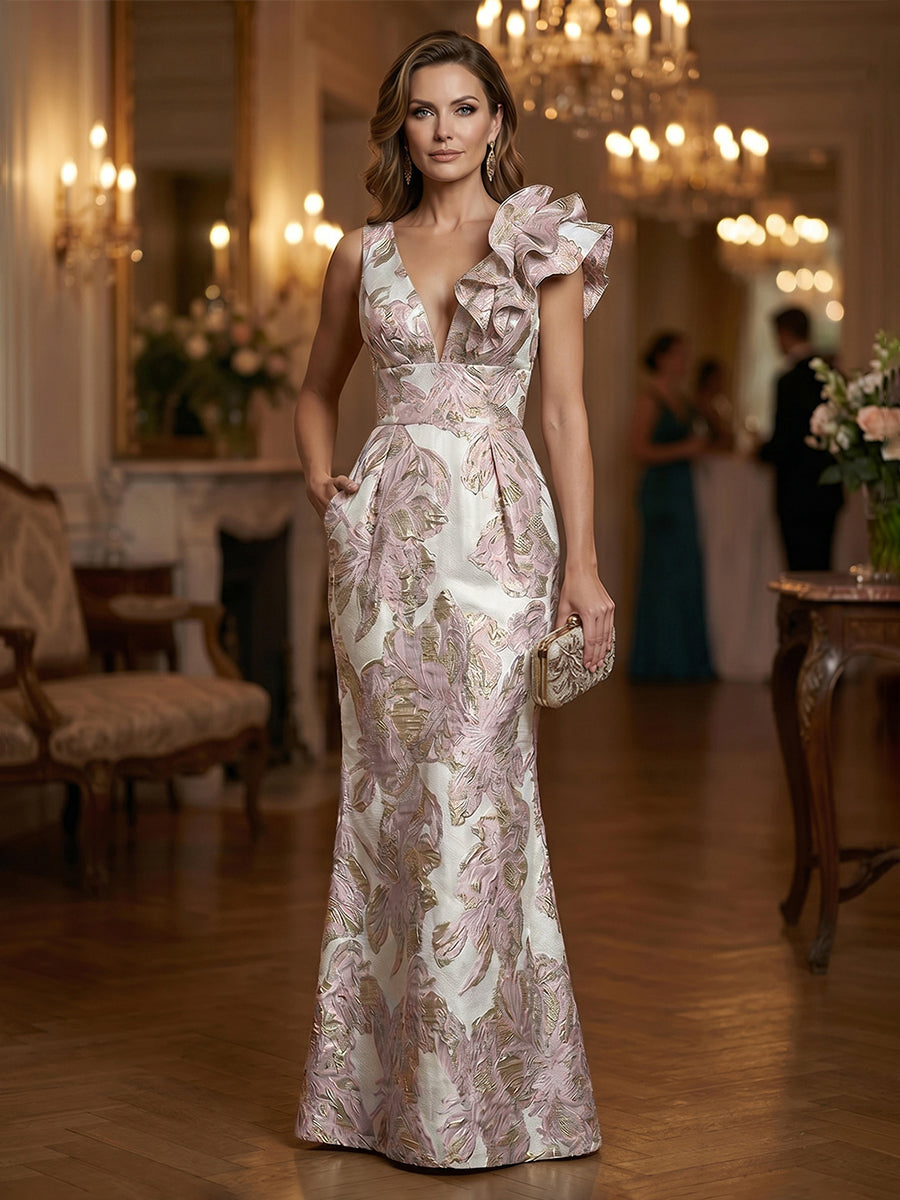 Jacquard Sheath/Column One Shoulder Floor-Length Evening Dresses with Ruffles & Ruched Waist