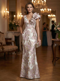 Jacquard Sheath/Column One Shoulder Floor-Length Evening Dresses with Ruffles & Ruched Waist