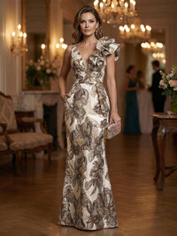 Jacquard Sheath/Column One Shoulder Floor-Length Evening Dresses with Ruffles & Ruched Waist