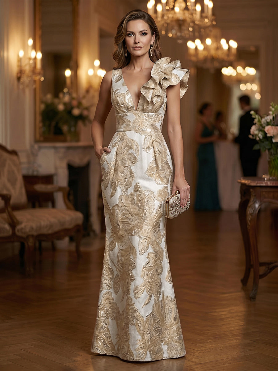 Jacquard Sheath/Column One Shoulder Floor-Length Evening Dresses with Ruffles & Ruched Waist