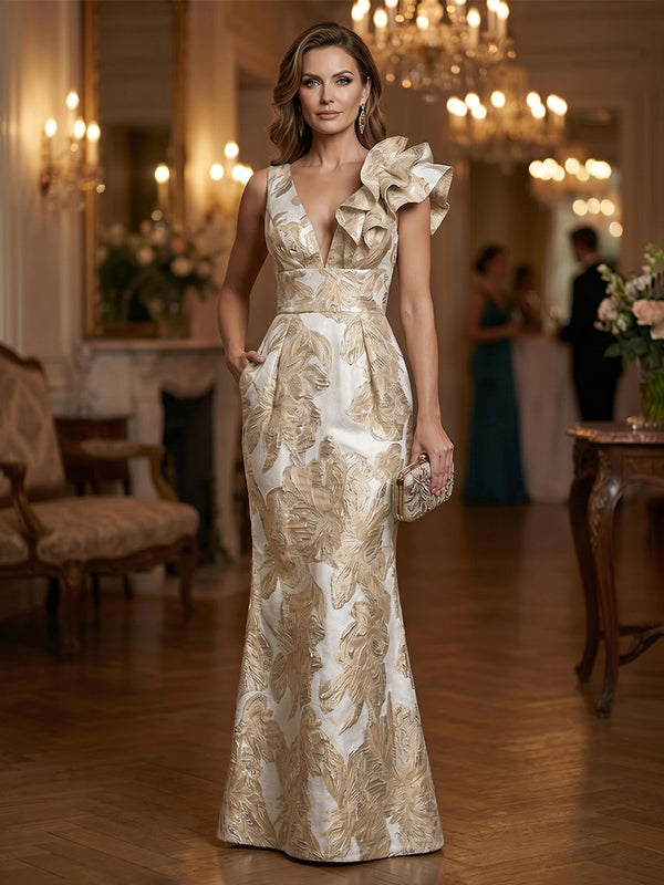Jacquard Sheath/Column One Shoulder Floor-Length Evening Dresses with Ruffles & Ruched Waist