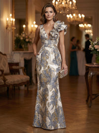 Jacquard Sheath/Column One Shoulder Floor-Length Evening Dresses with Ruffles & Ruched Waist