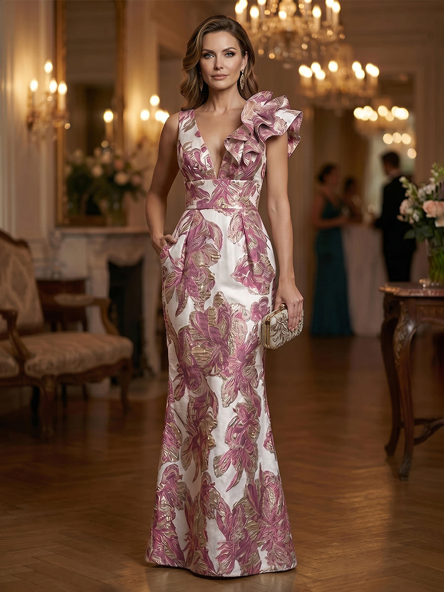 Jacquard Sheath/Column One Shoulder Floor-Length Evening Dresses with Ruffles & Ruched Waist