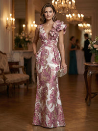 Jacquard Sheath/Column One Shoulder Floor-Length Evening Dresses with Ruffles & Ruched Waist