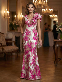 Jacquard Sheath/Column One Shoulder Floor-Length Evening Dresses with Ruffles & Ruched Waist