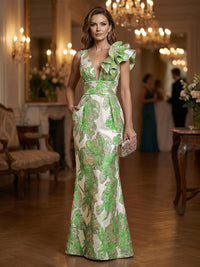 Jacquard Sheath/Column One Shoulder Floor-Length Evening Dresses with Ruffles & Ruched Waist
