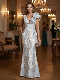 Jacquard Sheath/Column One Shoulder Floor-Length Evening Dresses with Ruffles & Ruched Waist