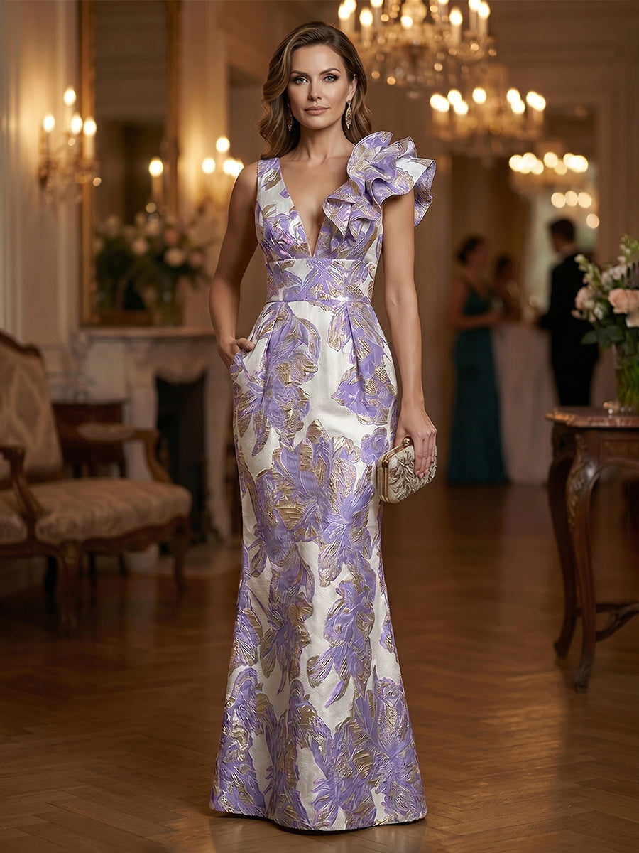 Jacquard Sheath/Column One Shoulder Floor-Length Evening Dresses with Ruffles & Ruched Waist