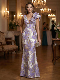 Jacquard Sheath/Column One Shoulder Floor-Length Evening Dresses with Ruffles & Ruched Waist