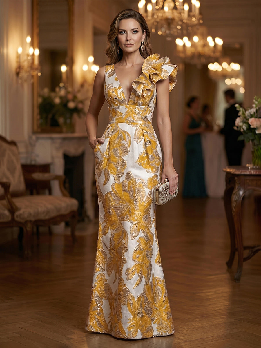 Jacquard Sheath/Column One Shoulder Floor-Length Evening Dresses with Ruffles & Ruched Waist