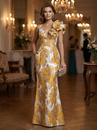 Jacquard Sheath/Column One Shoulder Floor-Length Evening Dresses with Ruffles & Ruched Waist