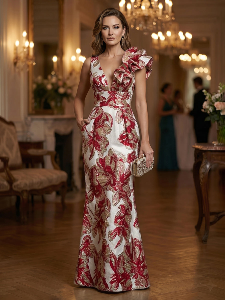 Jacquard Sheath/Column One Shoulder Floor-Length Evening Dresses with Ruffles & Ruched Waist