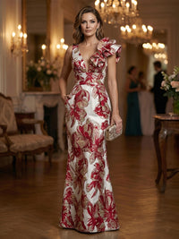 Jacquard Sheath/Column One Shoulder Floor-Length Evening Dresses with Ruffles & Ruched Waist