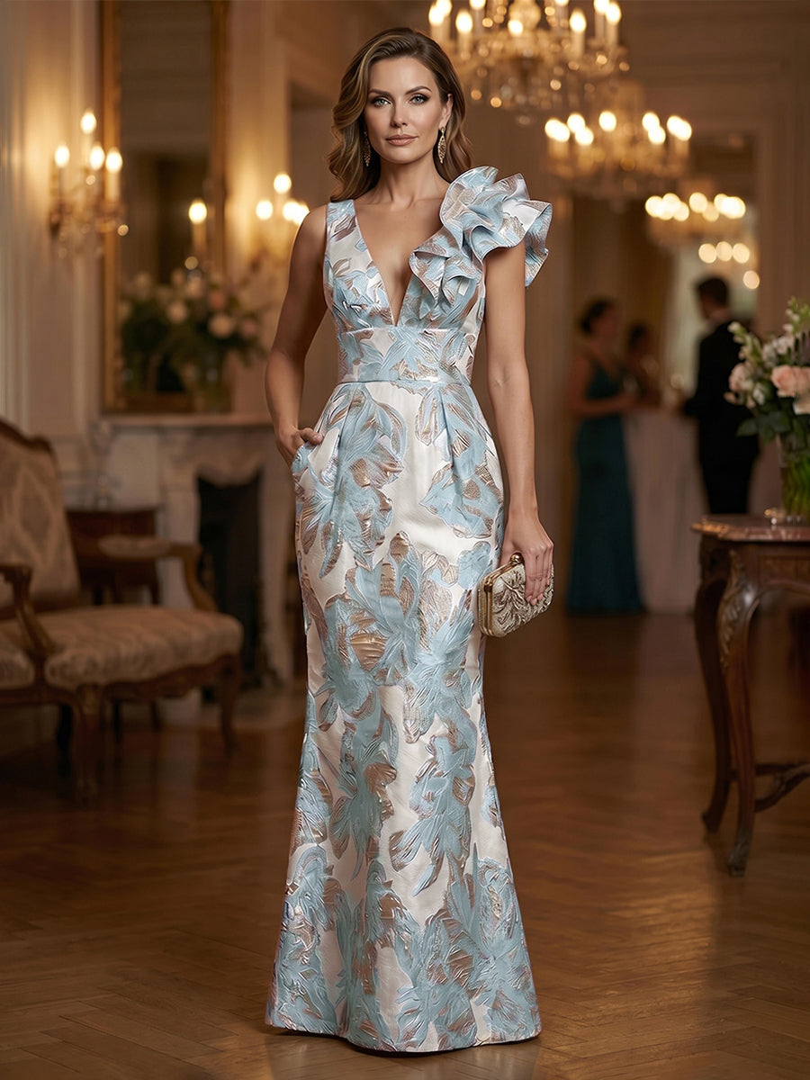 Jacquard Sheath/Column One Shoulder Floor-Length Evening Dresses with Ruffles & Ruched Waist