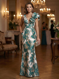 Jacquard Sheath/Column One Shoulder Floor-Length Evening Dresses with Ruffles & Ruched Waist