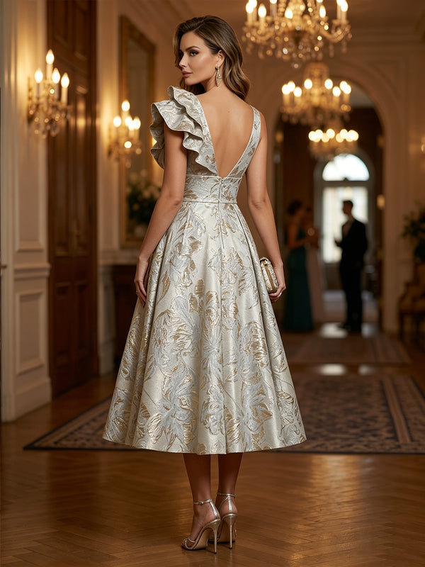 Jacquard A-Line/Princess One Shoulder Tea-Length Evening Dresses with Ruffles, Pleats & Pockets