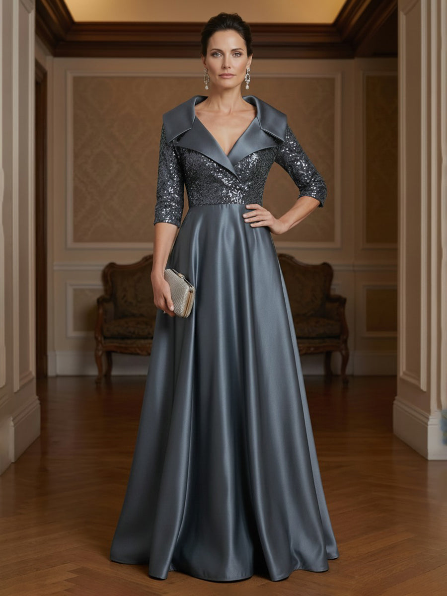 Satin A-Line/Princess V-Neck Floor-Length Evening Dresses with Sequin Bodice & Pleats