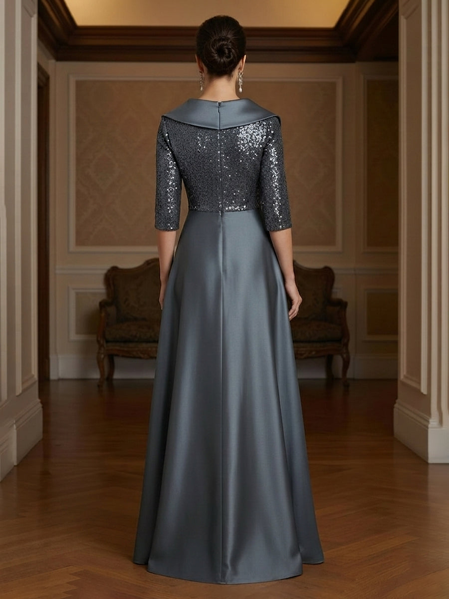 Satin A-Line/Princess V-Neck Floor-Length Evening Dresses with Sequin Bodice & Pleats