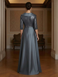 Satin A-Line/Princess V-Neck Floor-Length Evening Dresses with Sequin Bodice & Pleats