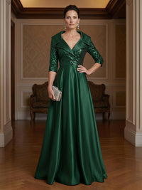 Satin A-Line/Princess V-Neck Floor-Length Evening Dresses with Sequin Bodice & Pleats