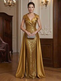 Sequin Sheath/Column V-Neck Floor-Length Evening Dresses with Satin Sweep Train