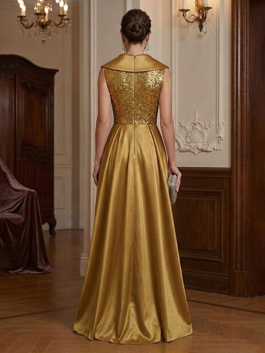 Sequin Sheath/Column V-Neck Floor-Length Evening Dresses with Satin Sweep Train