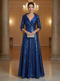Sequin A-Line/Princess V-Neck Floor-Length Evening Dresses with Pleats