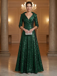 Sequin A-Line/Princess V-Neck Floor-Length Evening Dresses with Pleats