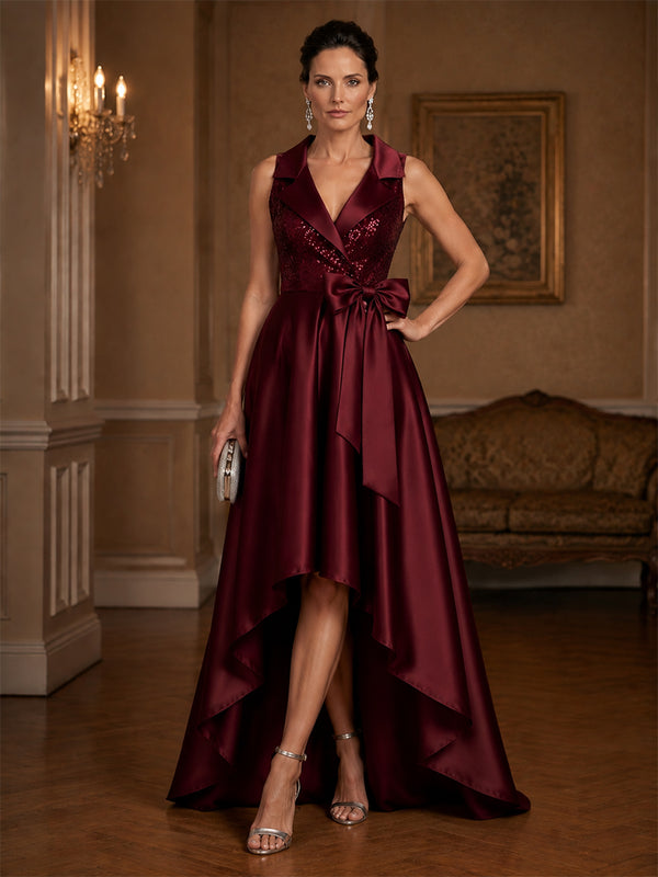 Satin A-Line/Princess V-Neck High-Low Evening Dresses with Sequin Bodice, Pleats & Belt