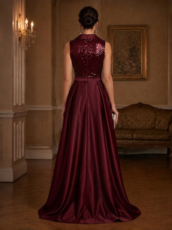 Satin A-Line/Princess V-Neck High-Low Evening Dresses with Sequin Bodice, Pleats & Belt