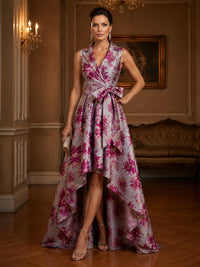 Jacquard A-Line/Princess V-Neck High-Low Evening Dresses with Pleats & Belt