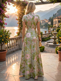 Jacquard A-Line/Princess V-Neck Short Sleeves Floor-Length Evening Dresses with Ruffles & Ruched Waist