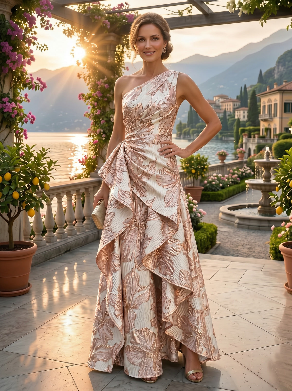 Floral Jacquard One Shoulder A-Line/Princess Floor-Length Evening Dresses with Ruffles & Ruched Waist