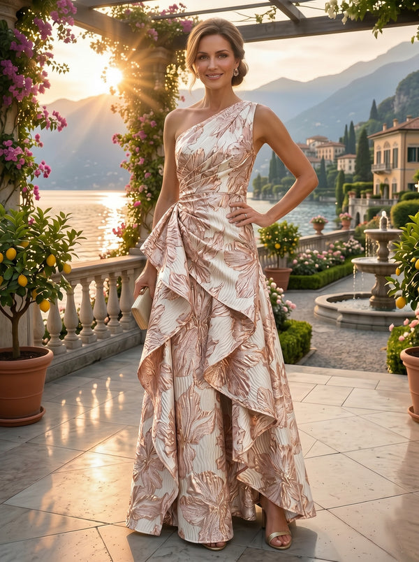 Floral Jacquard One Shoulder A-Line/Princess Floor-Length Evening Dresses with Ruffles & Ruched Waist