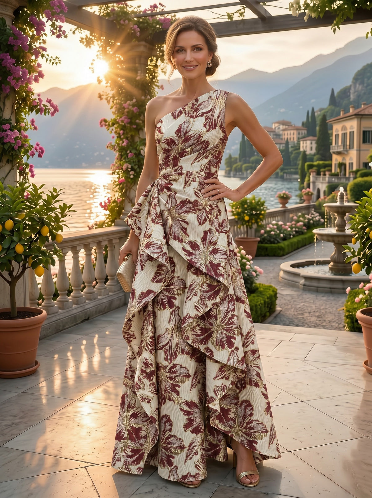 Floral Jacquard One Shoulder A-Line/Princess Floor-Length Evening Dresses with Ruffles & Ruched Waist