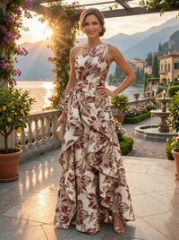 Floral Jacquard One Shoulder A-Line/Princess Floor-Length Evening Dresses with Ruffles & Ruched Waist