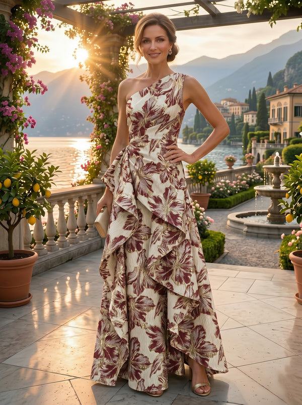 Floral Jacquard One Shoulder A-Line/Princess Floor-Length Evening Dresses with Ruffles & Ruched Waist