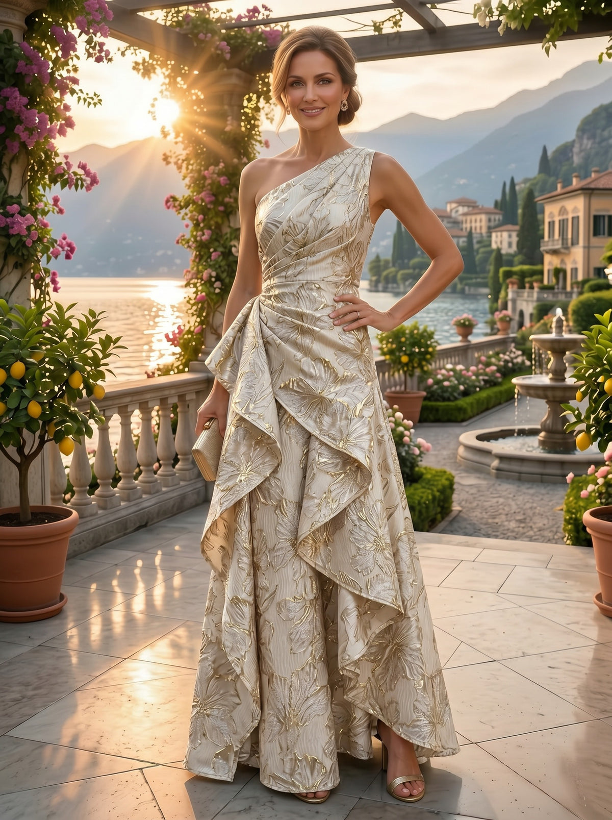 Floral Jacquard One Shoulder A-Line/Princess Floor-Length Evening Dresses with Ruffles & Ruched Waist