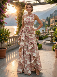 Floral Jacquard One Shoulder A-Line/Princess Floor-Length Evening Dresses with Ruffles & Ruched Waist