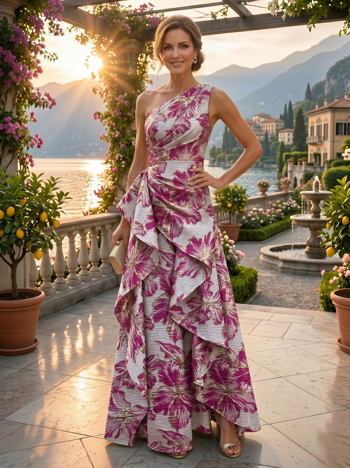 Floral Jacquard One Shoulder A-Line/Princess Floor-Length Evening Dresses with Ruffles & Ruched Waist