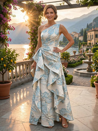 Floral Jacquard One Shoulder A-Line/Princess Floor-Length Evening Dresses with Ruffles & Ruched Waist
