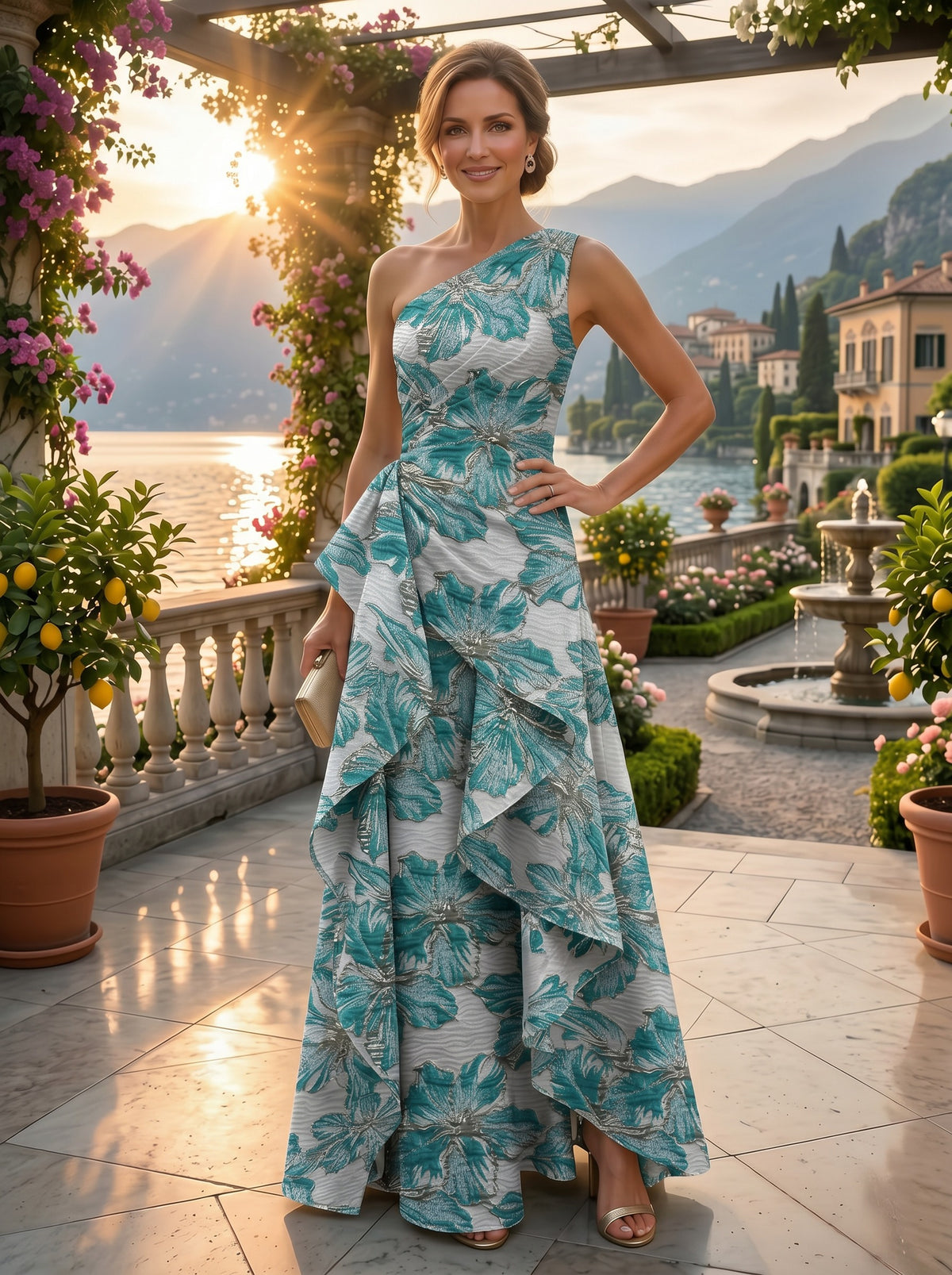 Floral Jacquard One Shoulder A-Line/Princess Floor-Length Evening Dresses with Ruffles & Ruched Waist