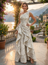 Floral Jacquard One Shoulder A-Line/Princess Floor-Length Evening Dresses with Ruffles & Ruched Waist