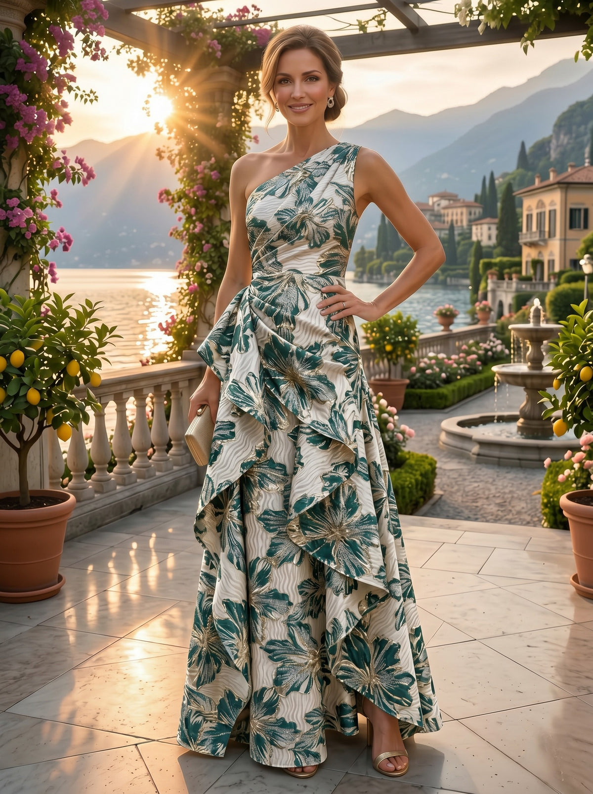 Floral Jacquard One Shoulder A-Line/Princess Floor-Length Evening Dresses with Ruffles & Ruched Waist