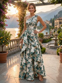 Floral Jacquard One Shoulder A-Line/Princess Floor-Length Evening Dresses with Ruffles & Ruched Waist
